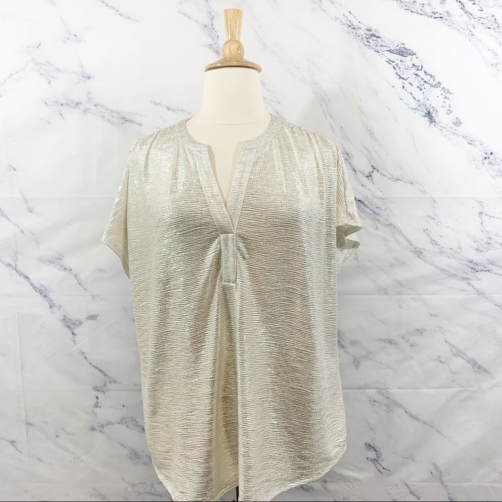 INC Metallic Silver Short Sleeve Blouse